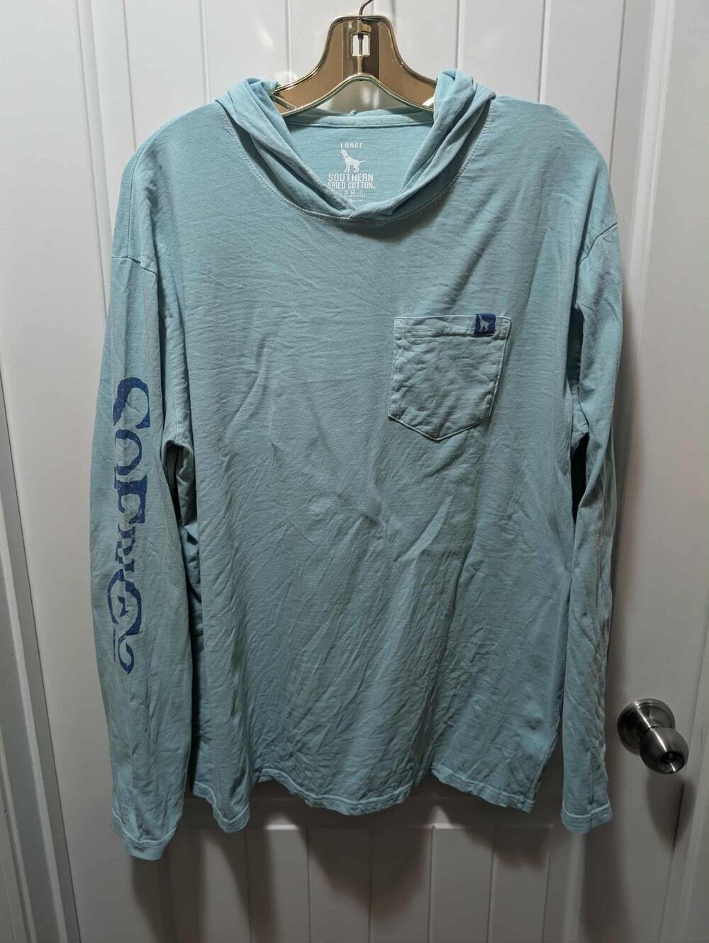 Southern Fried Cotton Long Sleeve Hooded Shirt Teal Blue Men's Size L
